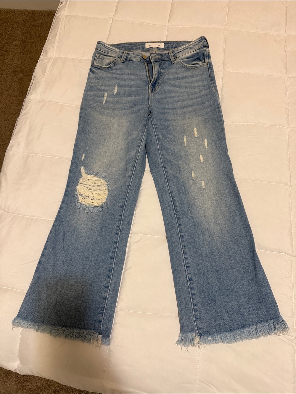 Light Blue Distressed Flare Jeans with Raw Hem